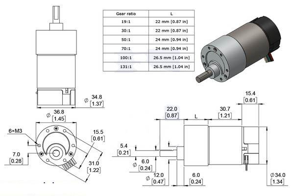 CQRobot 30:1 Metal Gearmotor 37Dx68L mm 12V with 64 CPR Encoder 366 RPM/13 kg.cm D-Shaped Gearbox Output Shaft is 16 mm Long and 6 mm in Diameter. with Mounting Bracket 180 oz.in